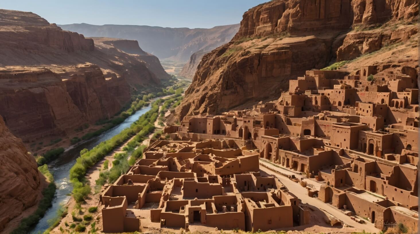 A panoramic view of Dades Valley showcasing its rich historical significance with ancient structures and rugged terrain.