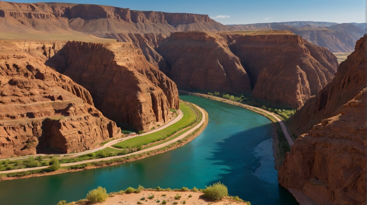 Vibrant landscape painting featuring rolling hills, lush greenery, and a colorful sky.