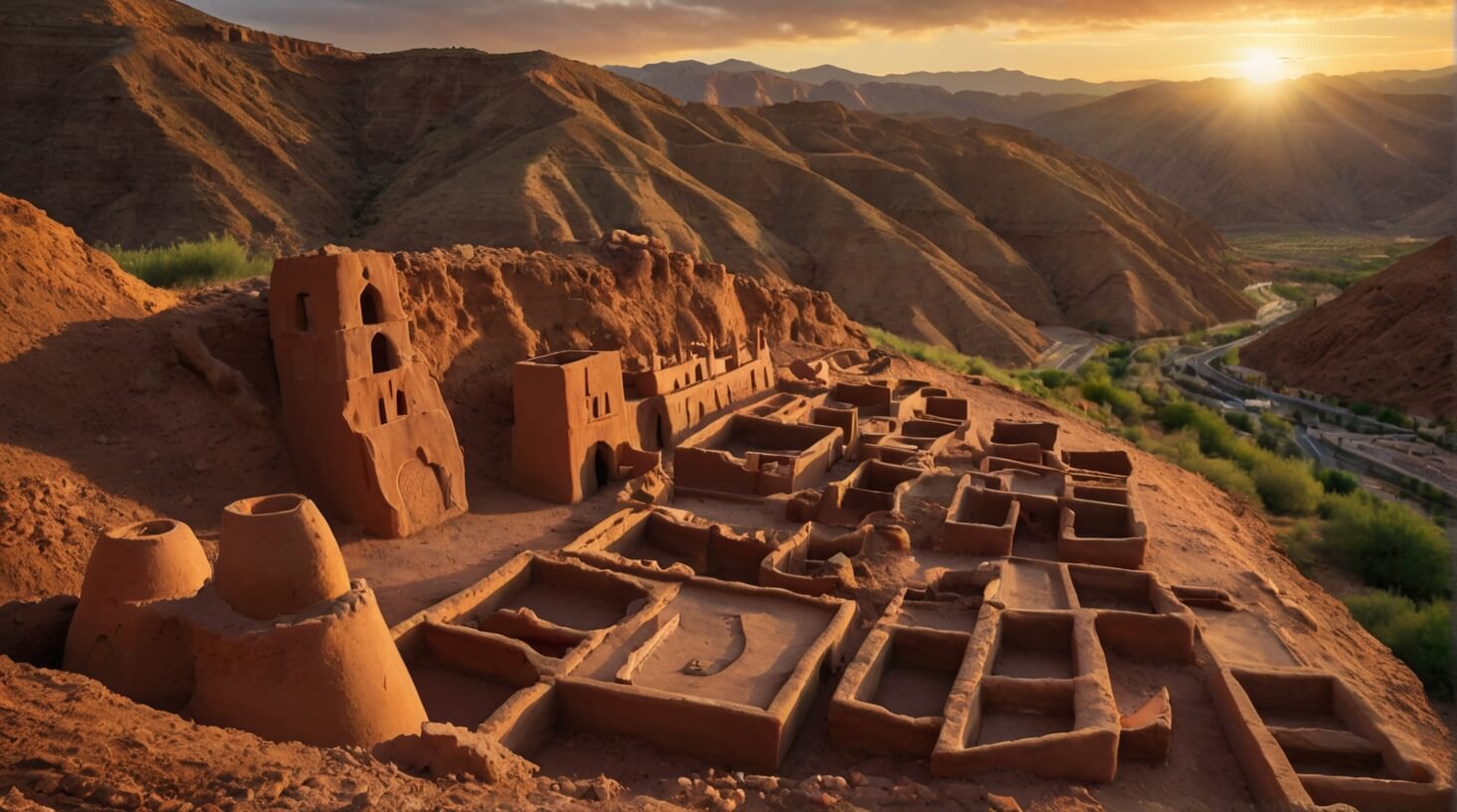 An aerial view of an ancient burial site surrounded by lush greenery, showcasing the rich historical and cultural significance of burial grounds.